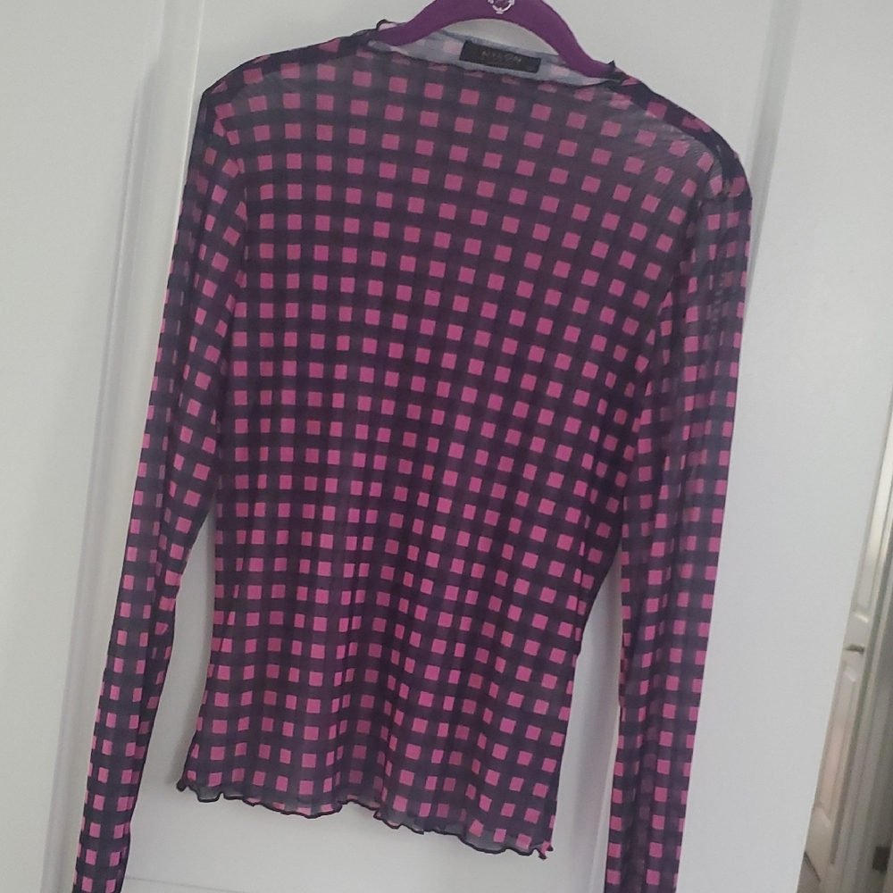 Trendy Checkered Pattern Long Sleeve Mesh Top in Pink and Black
